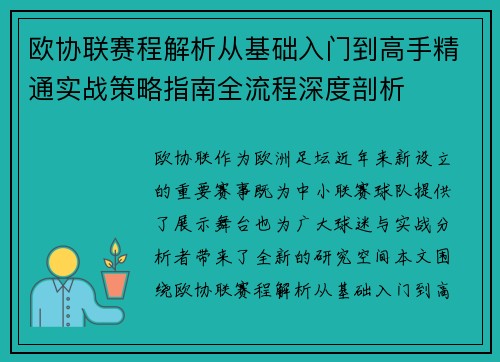 欧协联赛程解析从基础入门到高手精通实战策略指南全流程深度剖析