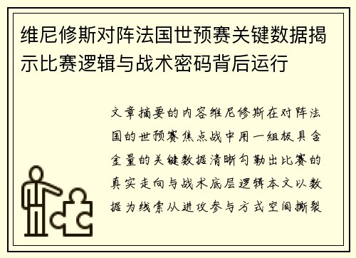 维尼修斯对阵法国世预赛关键数据揭示比赛逻辑与战术密码背后运行 维尼修斯对阵法国世预赛关键数据揭示比赛逻辑与战术密码背后运行